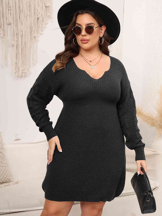 Full Size Dropped Shoulder Long Sleeve Knit Mini Dress - Full Size Sweater Dress - Black - Bella Bourget