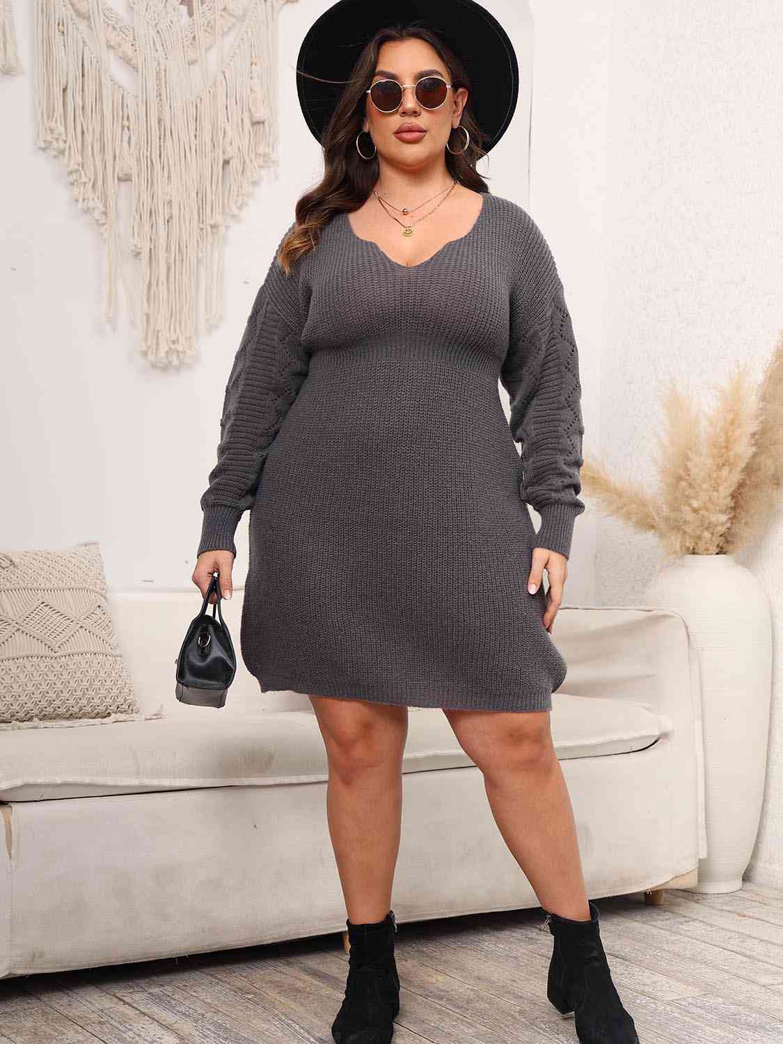 Full Size Dropped Shoulder Long Sleeve Knit Mini Dress - Full Size Sweater Dress - Charcoal - Bella Bourget