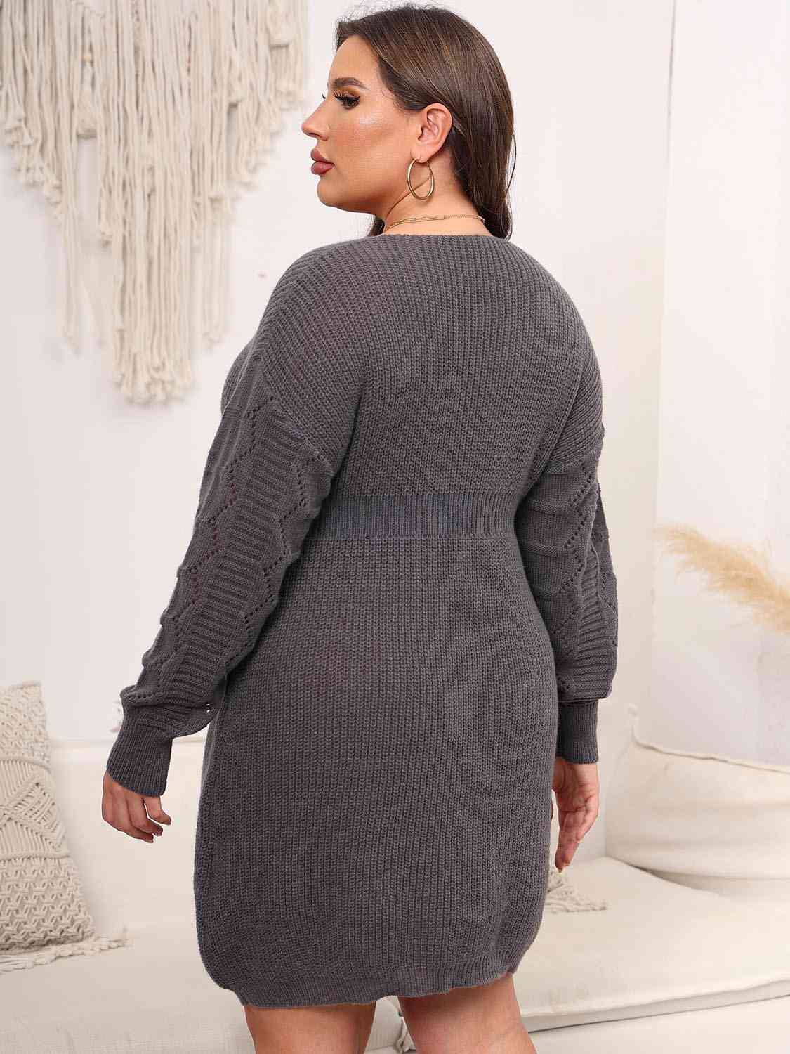 Full Size Dropped Shoulder Long Sleeve Knit Mini Dress - Full Size Sweater Dress - Charcoal - Bella Bourget