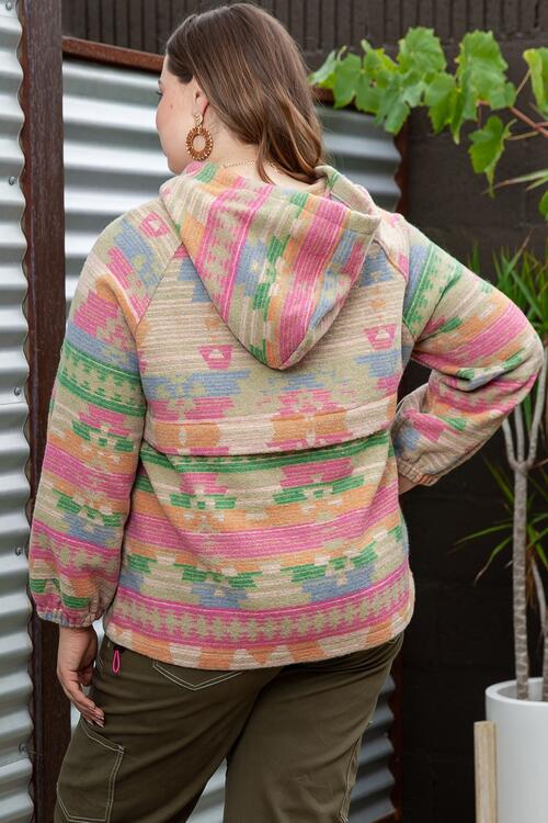 Plus Size Geometric Drawstring Half Zip Hoodie with Pocket - Drawstring Hoodie - Multicolor - Bella Bourget