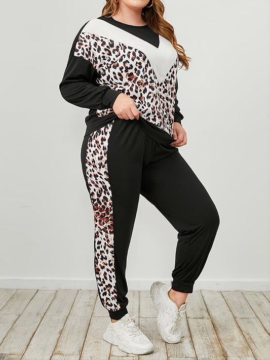 Plus Size Leopard Sweatshirt and Sweatpants Set - Full Size Active Set - Leopard - Bella Bourget