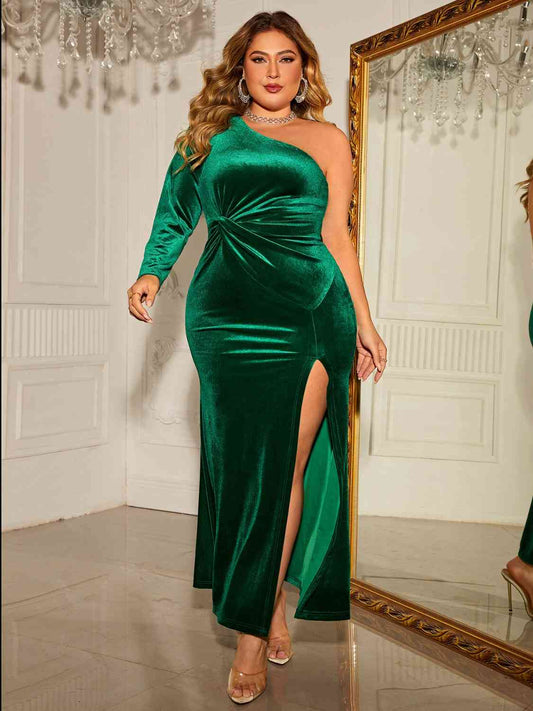 Plus Size One - Shoulder Twisted Split Dress - Full Size Evening Dress - Green - Bella Bourget