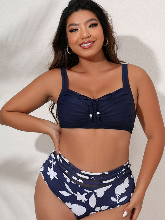 Plus Size Printed Gathered Detail Bikini Set - Full Size Bikini - Navy - Bella Bourget