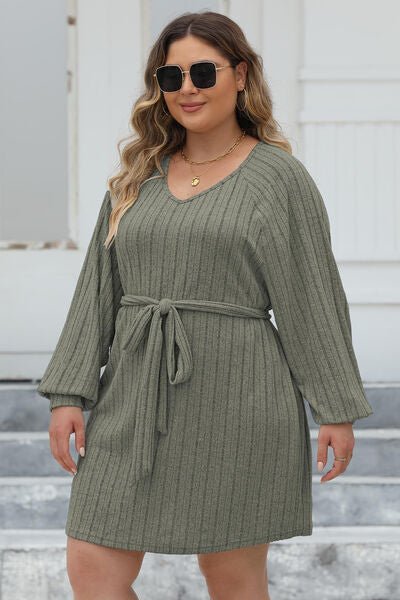 Full Size Ribbed Tie Front Long Sleeve Sweater Dress - Dress - Moss - Bella Bourget