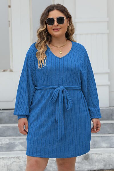 Full Size Ribbed Tie Front Long Sleeve Sweater Dress - Dress - Peacock Blue - Bella Bourget