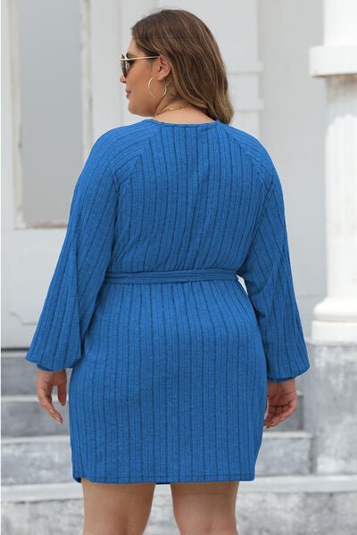 Full Size Ribbed Tie Front Long Sleeve Sweater Dress - Dress - Peacock Blue - Bella Bourget