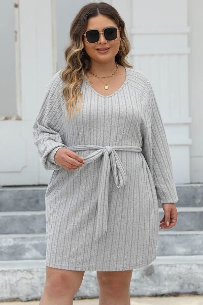 Full Size Ribbed Tie Front Long Sleeve Sweater Dress - Dress - Light Gray - Bella Bourget