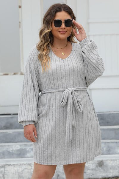 Full Size Ribbed Tie Front Long Sleeve Sweater Dress - Dress - Light Gray - Bella Bourget