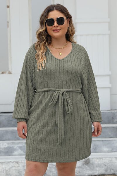 Full Size Ribbed Tie Front Long Sleeve Sweater Dress - Dress - Moss - Bella Bourget