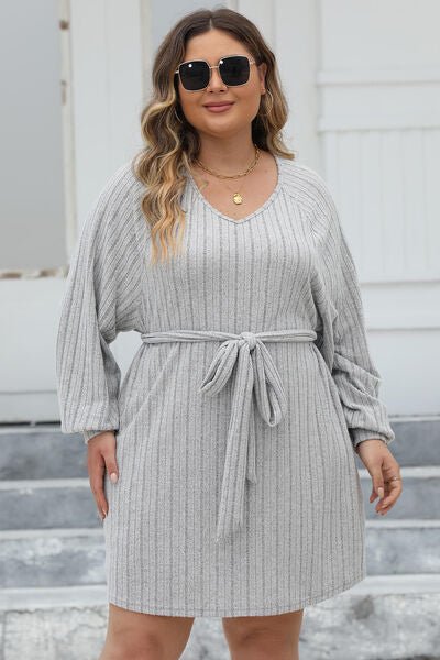 Full Size Ribbed Tie Front Long Sleeve Sweater Dress - Dress - Light Gray - Bella Bourget