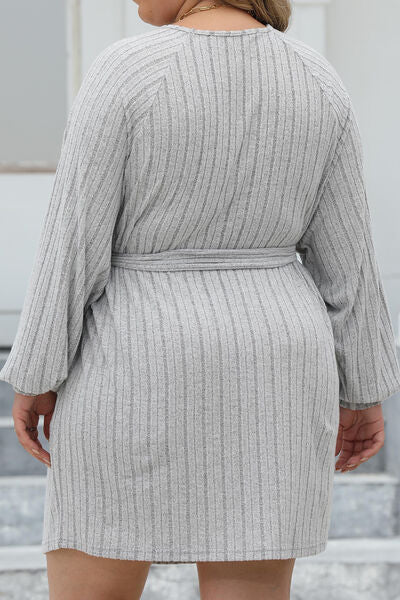 Full Size Ribbed Tie Front Long Sleeve Sweater Dress - Dress - Light Gray - Bella Bourget