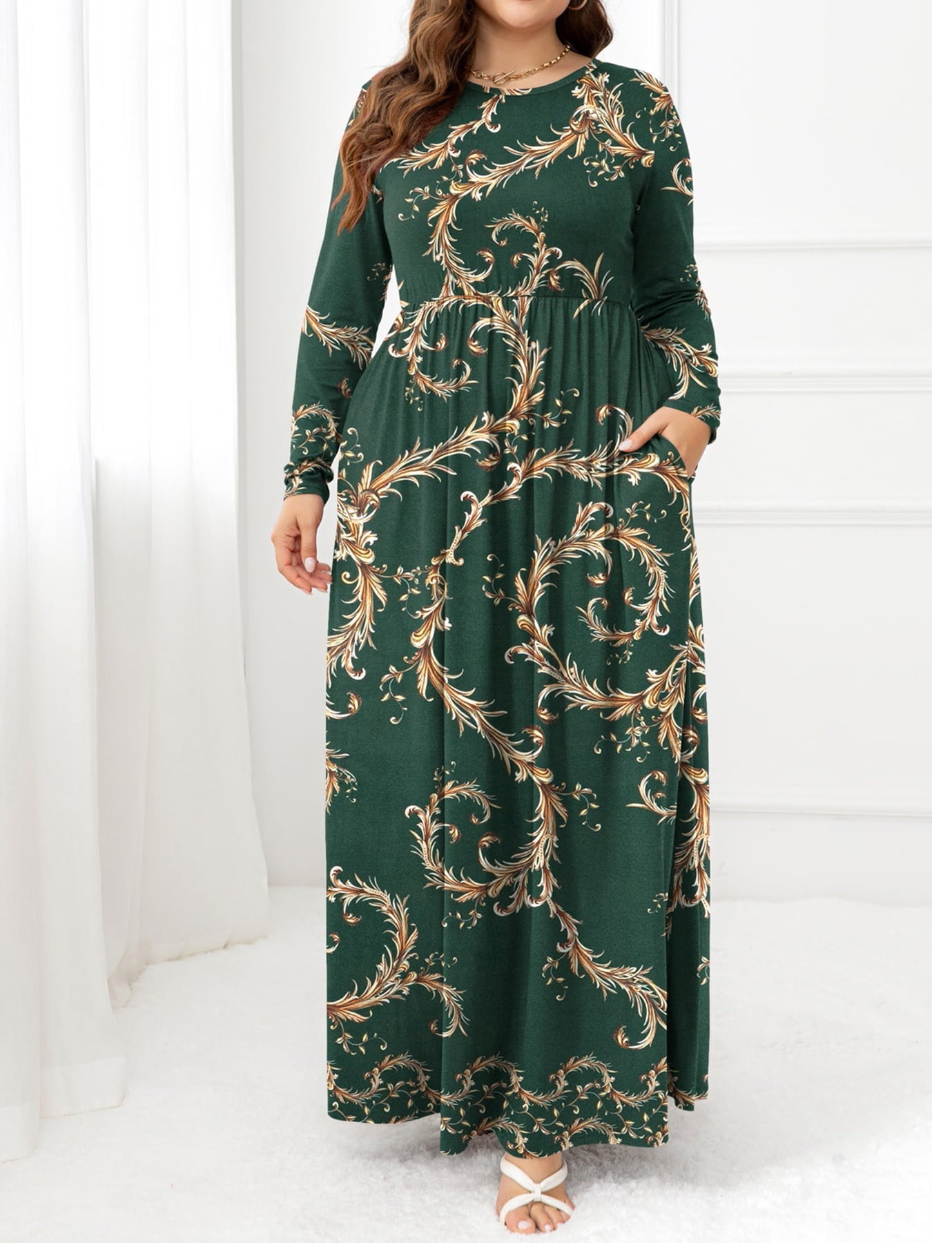 Plus Size Round Neck Maxi Dress with Pockets - Full Size Dress - Green - Bella Bourget