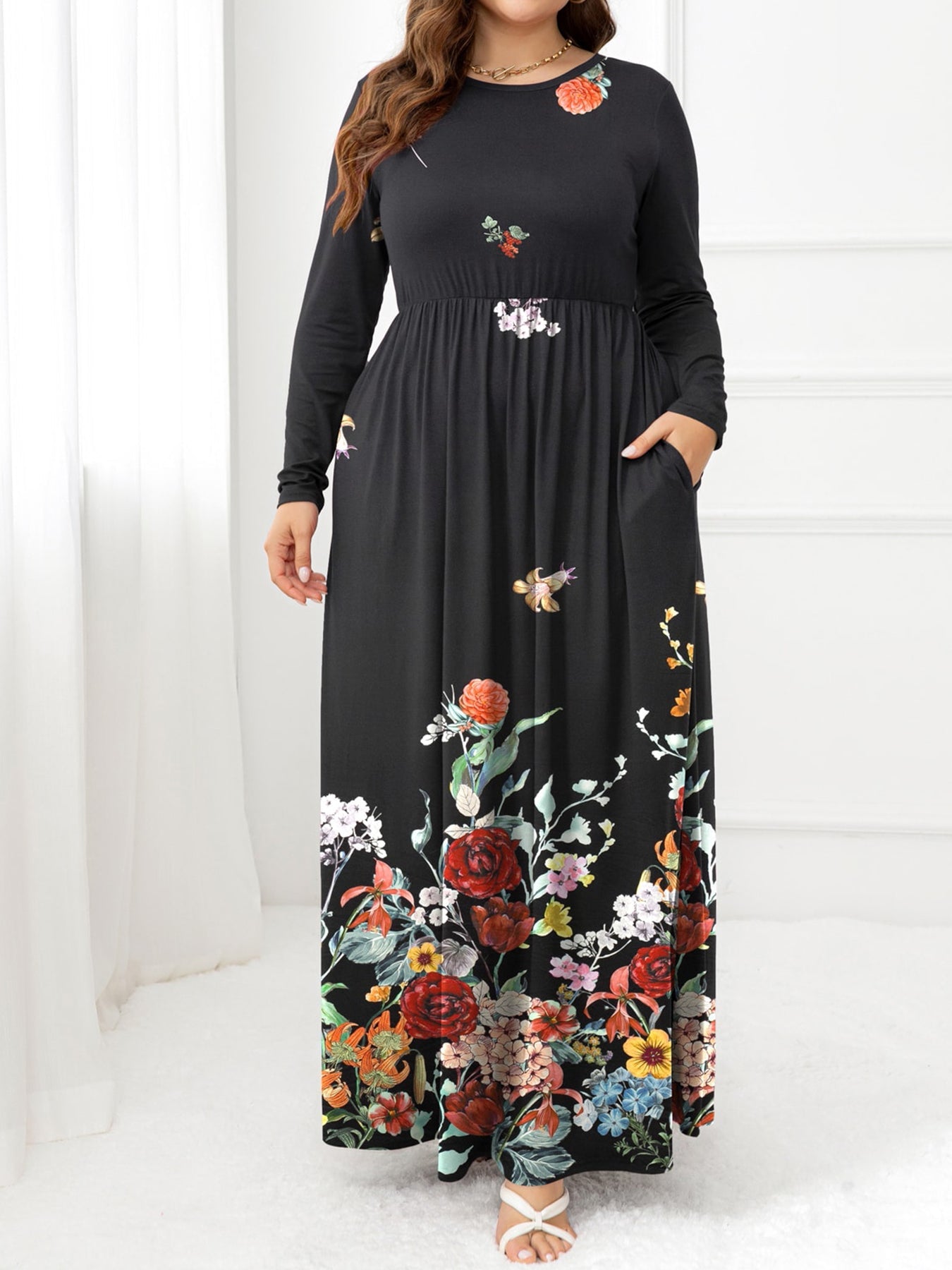 Plus Size Round Neck Maxi Dress with Pockets - Full Size Dress - Floral - Bella Bourget