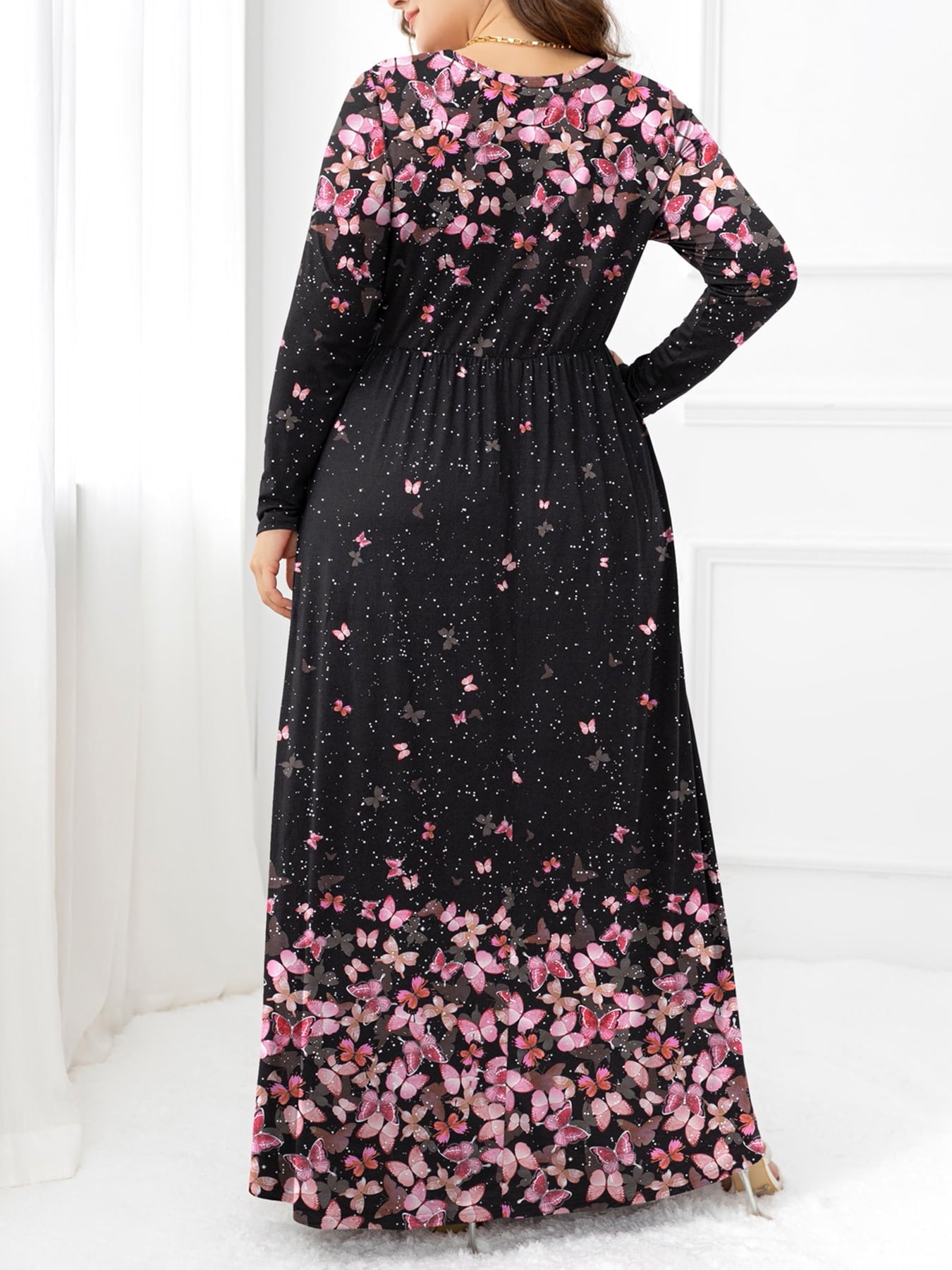 Plus Size Round Neck Maxi Dress with Pockets - Full Size Dress - Carnation Pink - Bella Bourget