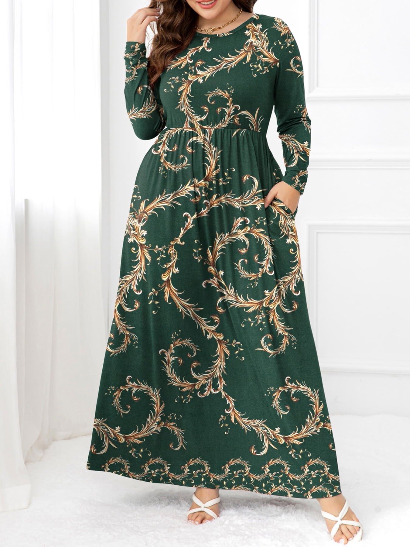 Plus Size Round Neck Maxi Dress with Pockets - Full Size Dress - Green - Bella Bourget