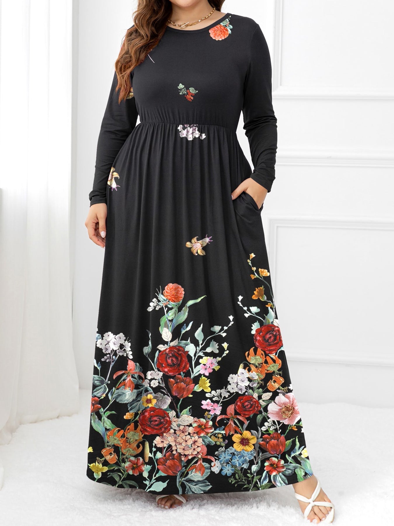 Plus Size Round Neck Maxi Dress with Pockets - Full Size Dress - Floral - Bella Bourget