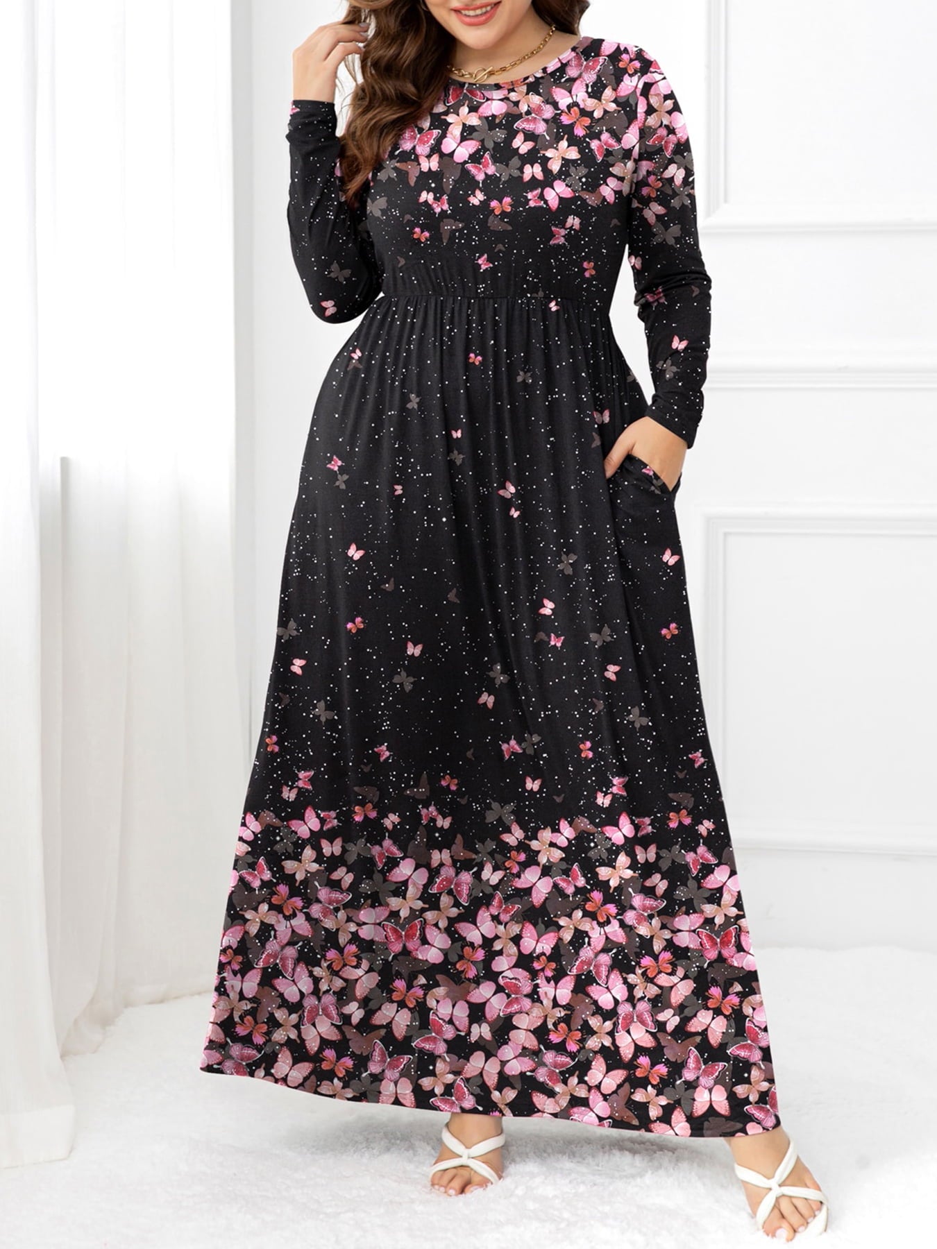 Plus Size Round Neck Maxi Dress with Pockets - Full Size Dress - Carnation Pink - Bella Bourget