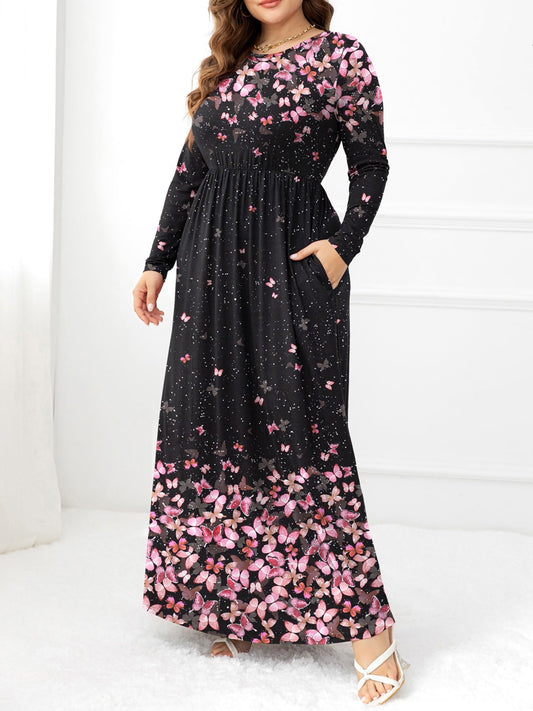 Plus Size Round Neck Maxi Dress with Pockets - Full Size Dress - Carnation Pink - Bella Bourget