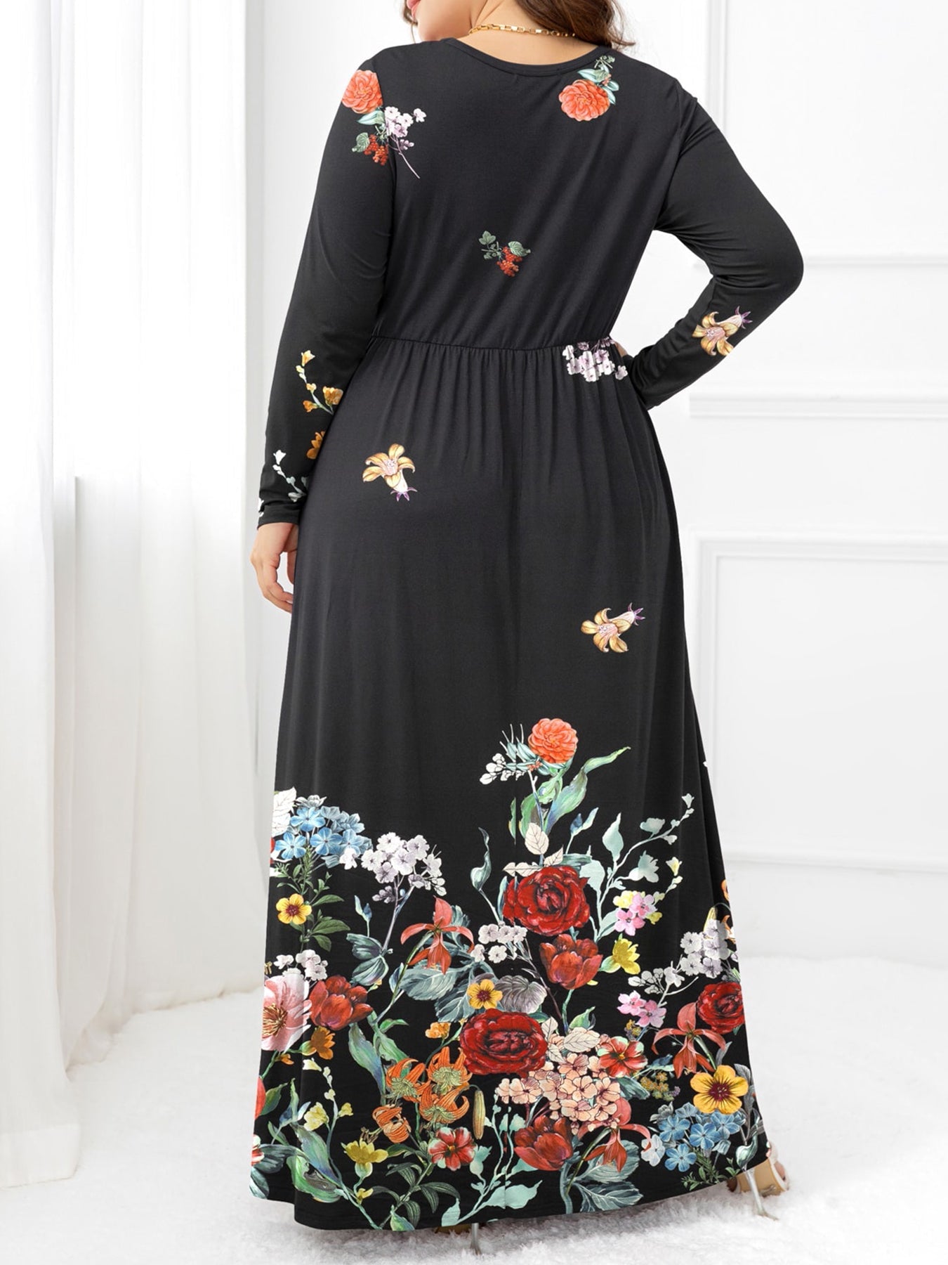 Plus Size Round Neck Maxi Dress with Pockets - Full Size Dress - Floral - Bella Bourget