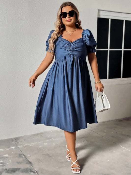 Plus Size Ruched Sweetheart Neck Dress - Dress - Cobalt Blue - Bella Bourget