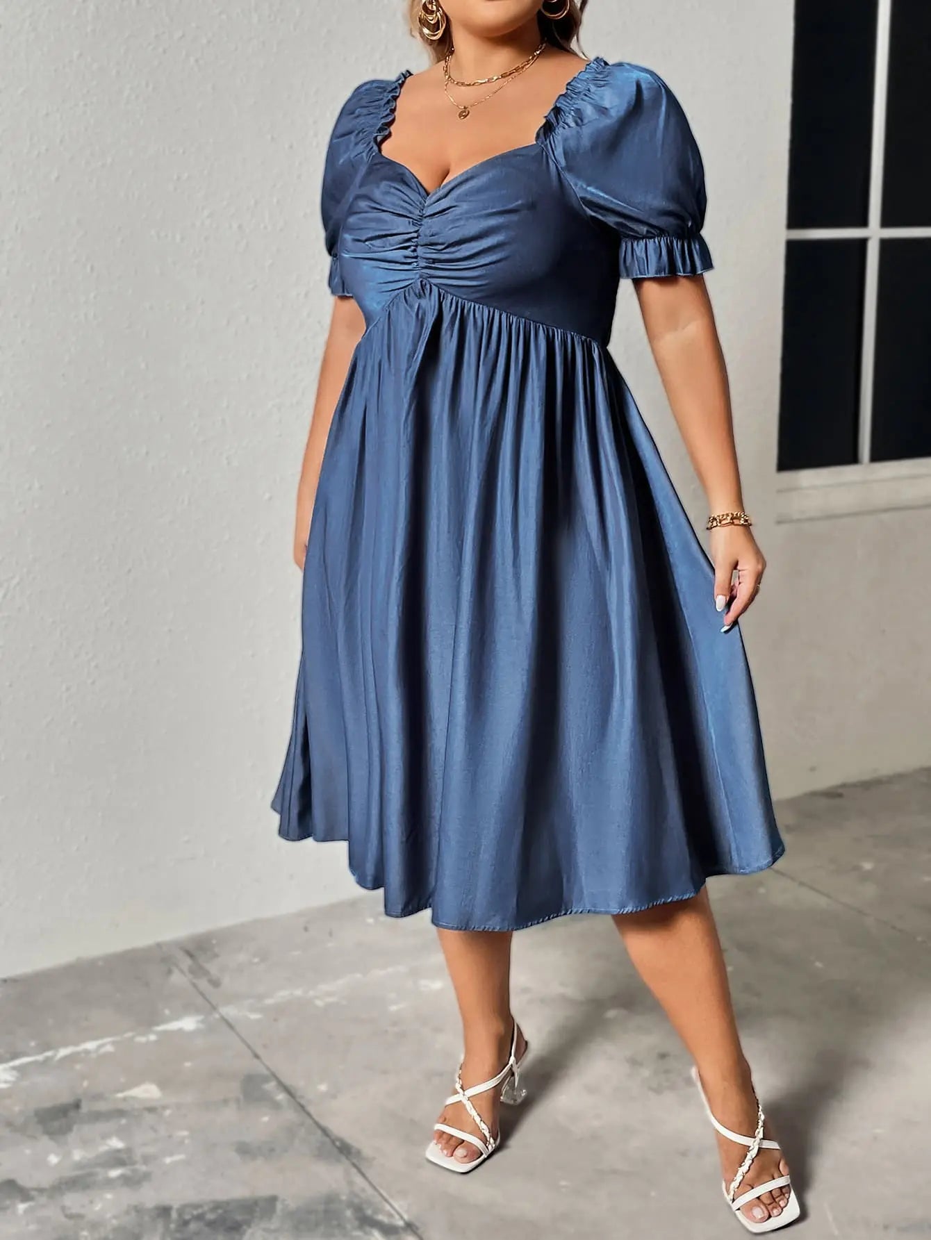 Plus Size Ruched Sweetheart Neck Dress - Dress - Cobalt Blue - Bella Bourget