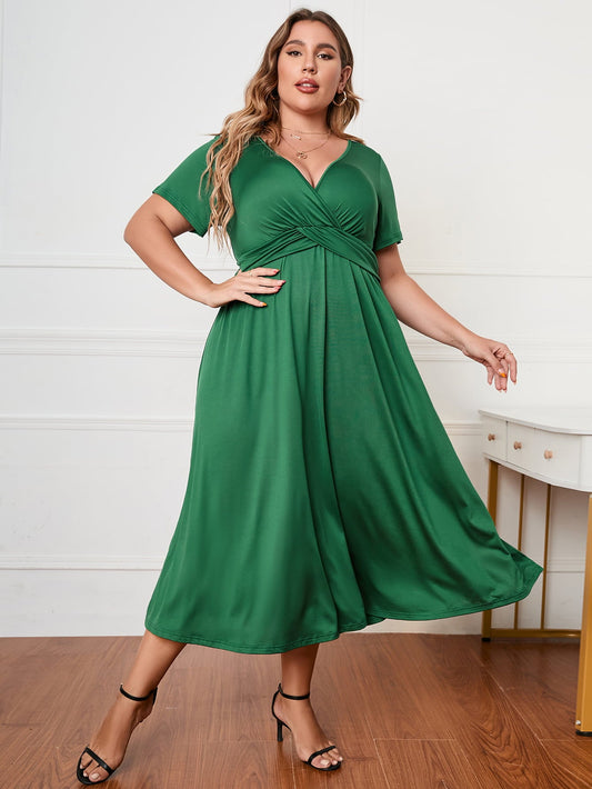 Plus Size Short Sleeve Surplice Neck Midi Dress - Dress - Green - Bella Bourget