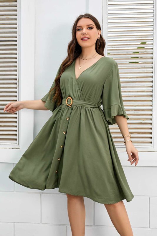 Full Size Surplice Neck Half Sleeve Dress - Dress - Moss - Bella Bourget