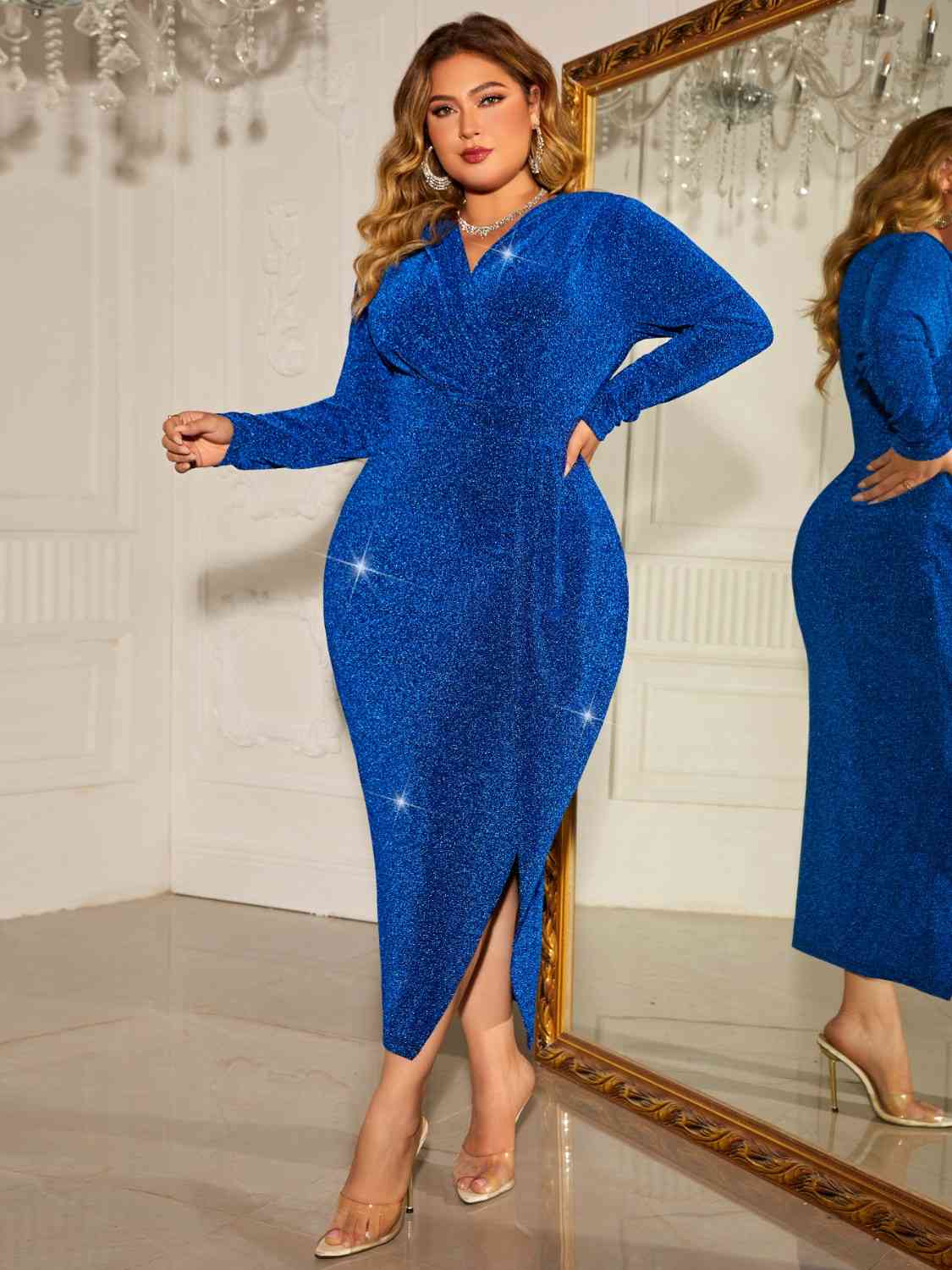 Plus Size Surplice Neck Slit Dress - Full Size Evening Dress - Royal Blue - Bella Bourget