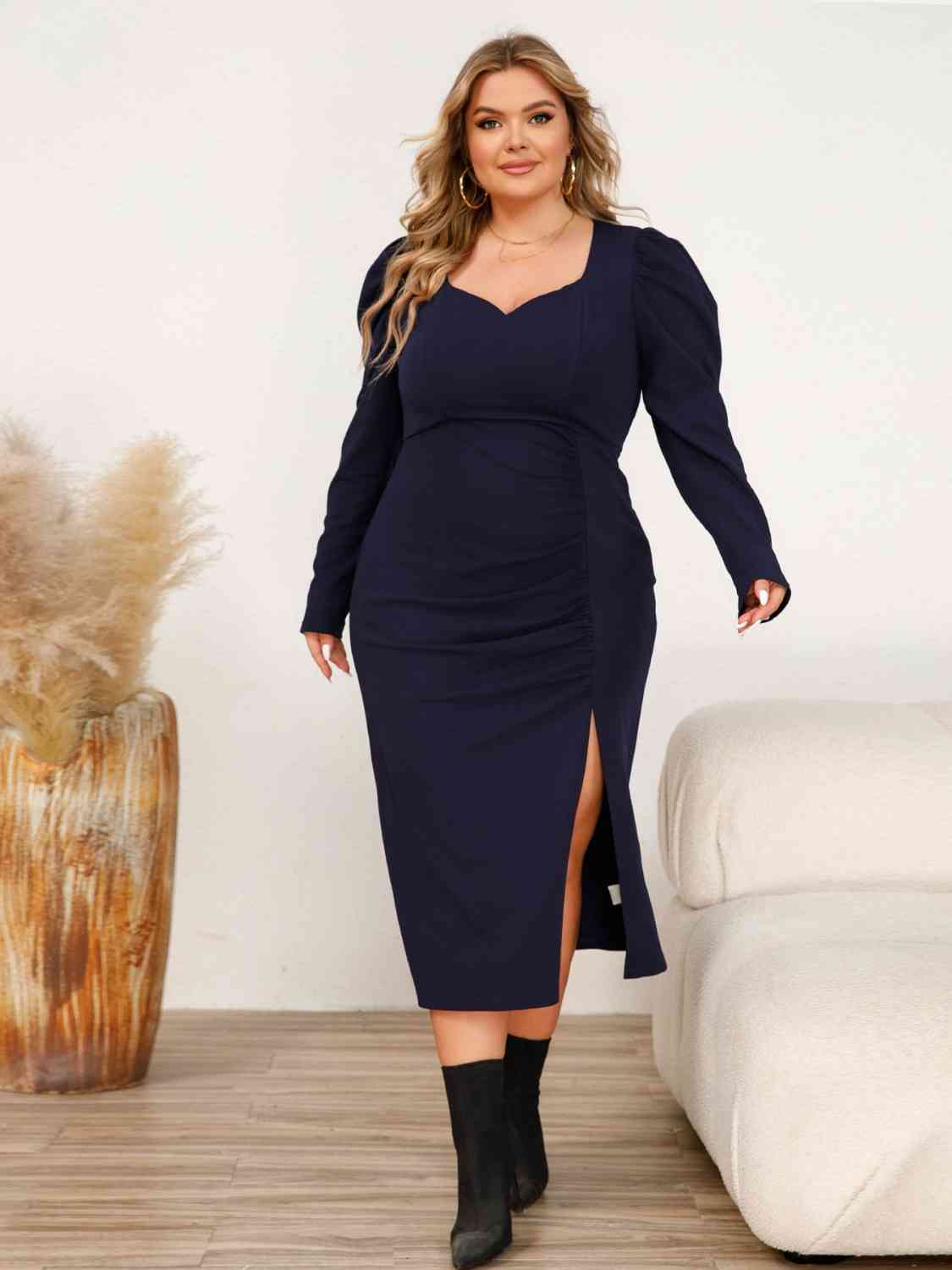 Plus Size Sweetheart Neck Split Midi Dress - Full Size Evening Dress - Navy - Bella Bourget