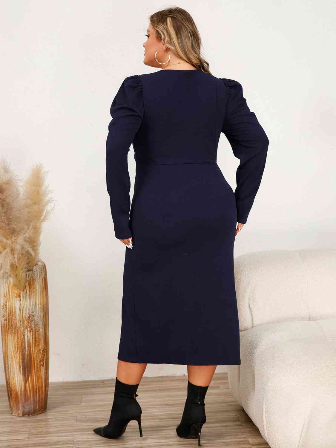 Plus Size Sweetheart Neck Split Midi Dress - Full Size Evening Dress - Navy - Bella Bourget