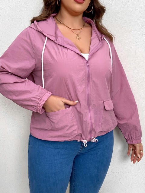 Plus Size Zip - Up Drawstring Hooded Jacket with Pockets - Full Size Hoodie - Moonlit Mauve - Bella Bourget