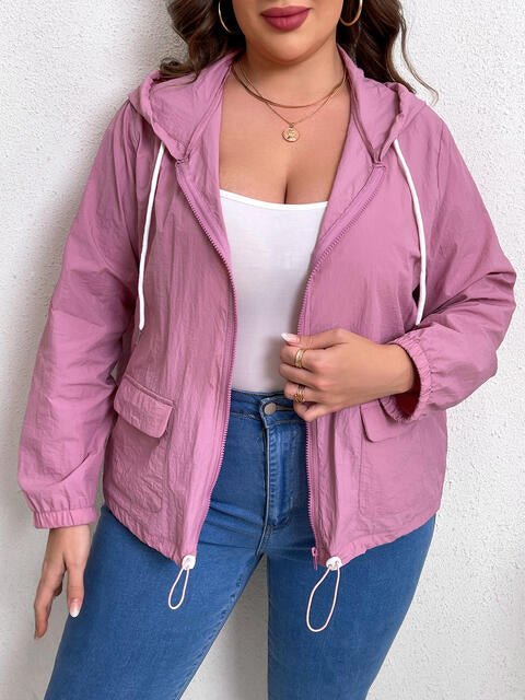 Plus Size Zip - Up Drawstring Hooded Jacket with Pockets - Full Size Hoodie - Moonlit Mauve - Bella Bourget