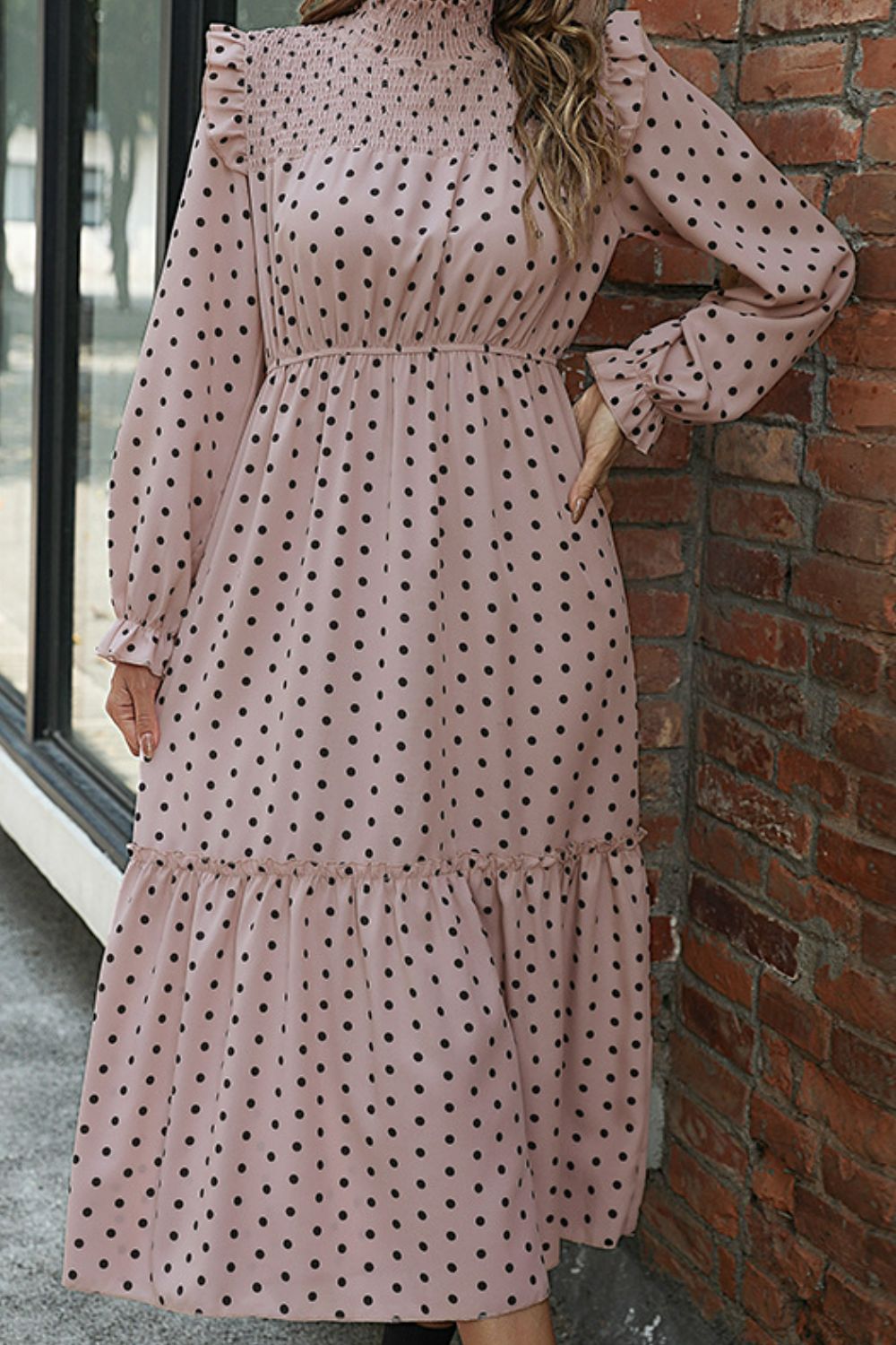 Polka Dot Smocked Frill Trim Dress - Dress - Pink - Bella Bourget