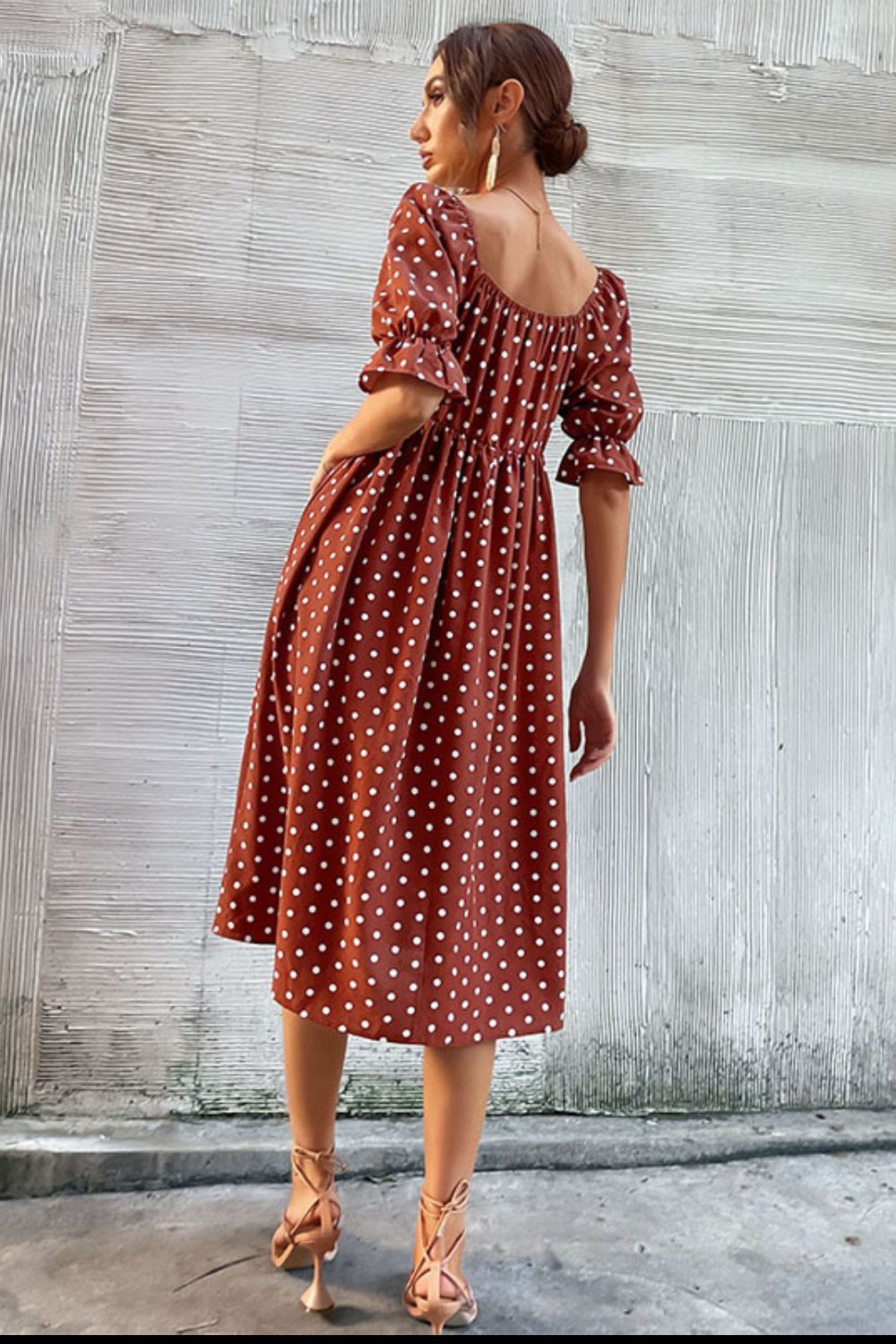 Polka Dot Square Neck Flounce Sleeve Dress - Dress - Rust - Bella Bourget