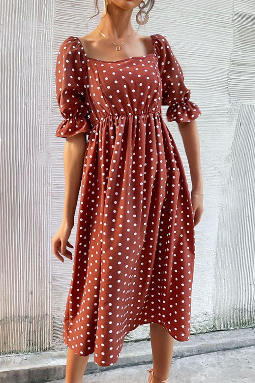 Polka Dot Square Neck Flounce Sleeve Dress - Dress - Rust - Bella Bourget