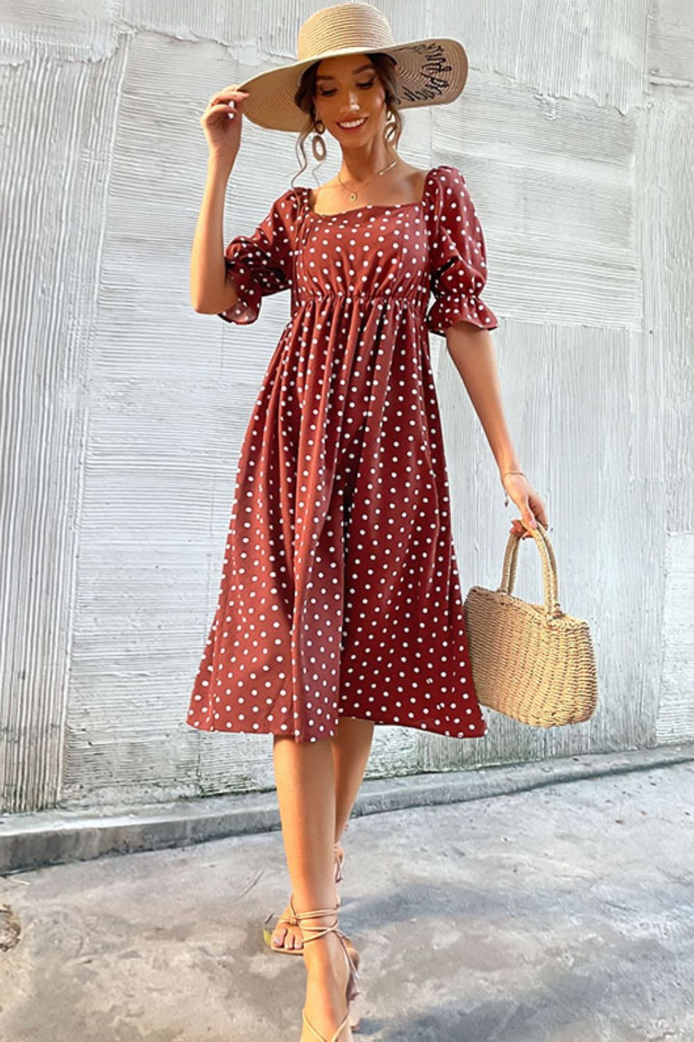 Polka Dot Square Neck Flounce Sleeve Dress - Dress - Rust - Bella Bourget