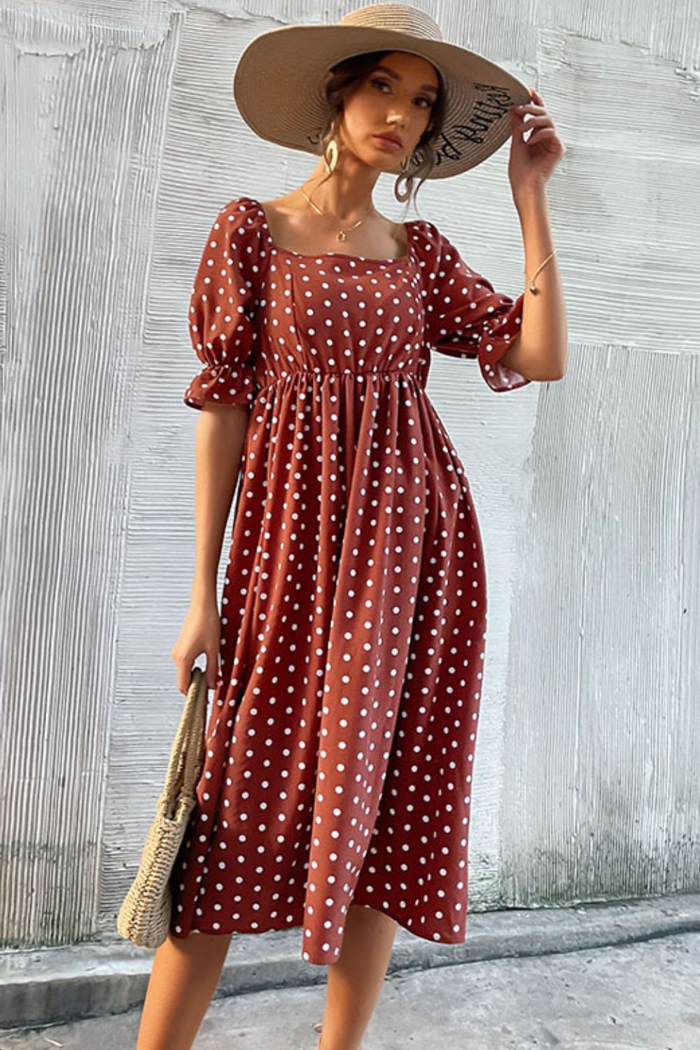 Polka Dot Square Neck Flounce Sleeve Dress - Dress - Rust - Bella Bourget