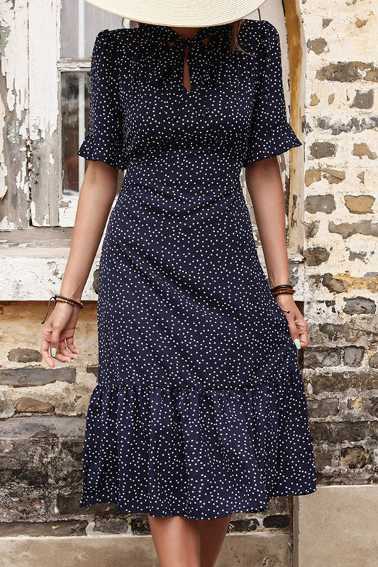 Polka Dot Tie Front Ruffled Midi Dress - Dress - Navy - Bella Bourget