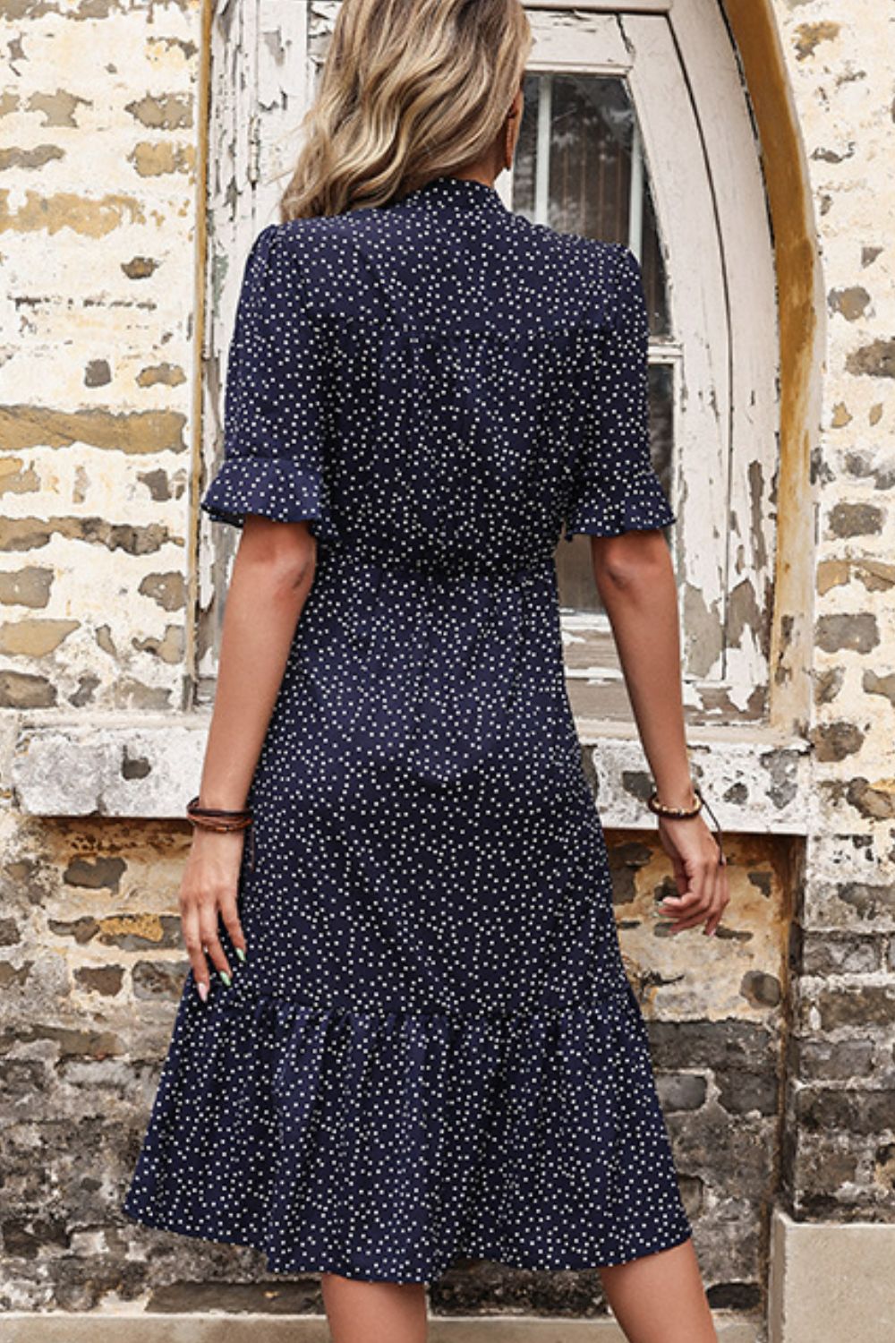 Polka Dot Tie Front Ruffled Midi Dress - Dress - Navy - Bella Bourget