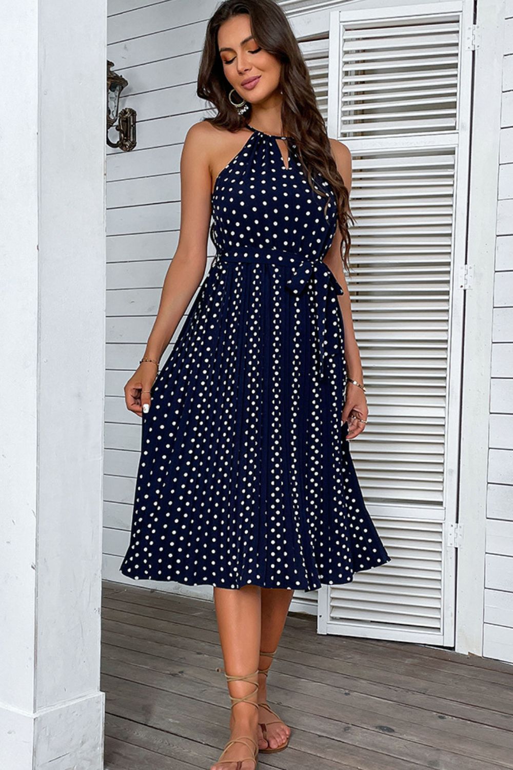 Polka Dot Tie - Waist Sleeveless Midi Dress - Dress - Navy Blue - Bella Bourget