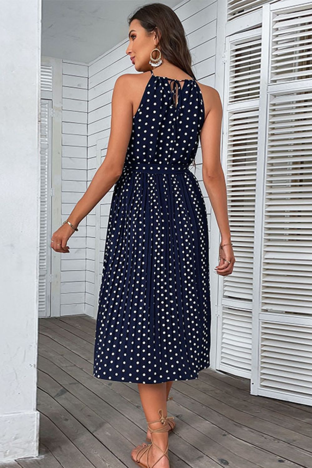 Polka Dot Tie - Waist Sleeveless Midi Dress - Dress - Navy Blue - Bella Bourget