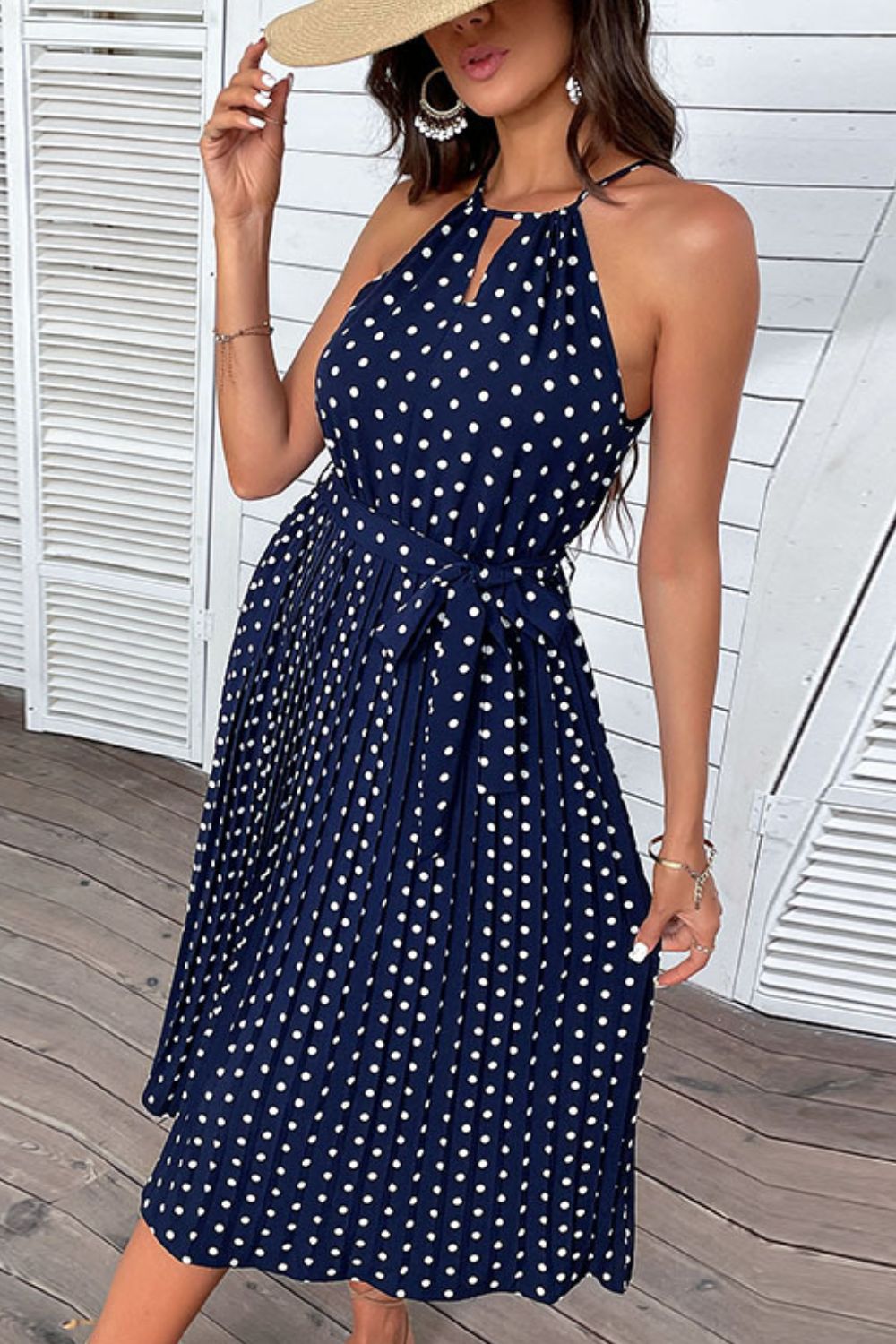 Polka Dot Tie - Waist Sleeveless Midi Dress - Dress - Navy Blue - Bella Bourget