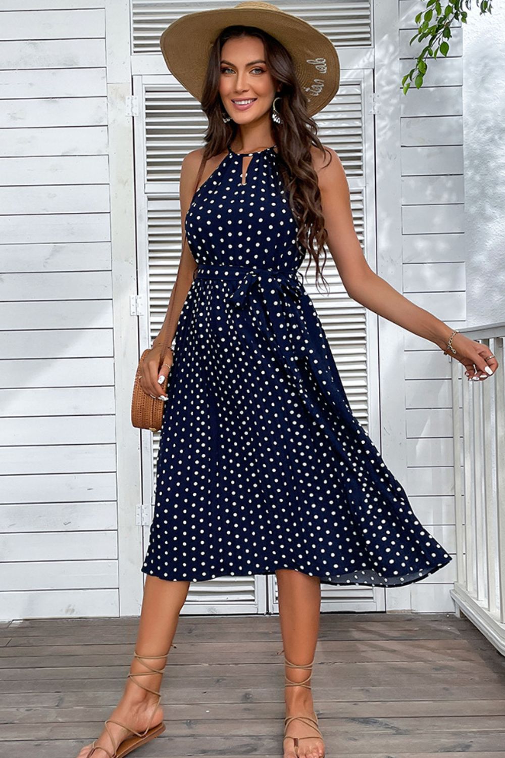 Polka Dot Tie - Waist Sleeveless Midi Dress - Dress - Navy Blue - Bella Bourget