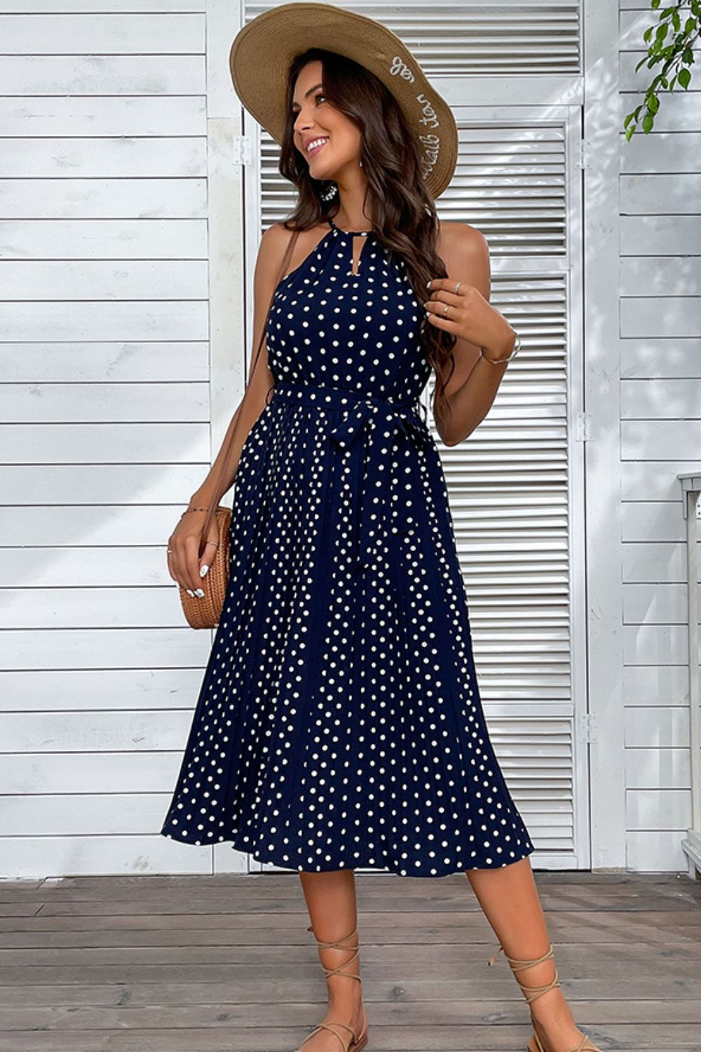 Polka Dot Tie - Waist Sleeveless Midi Dress - Dress - Navy Blue - Bella Bourget