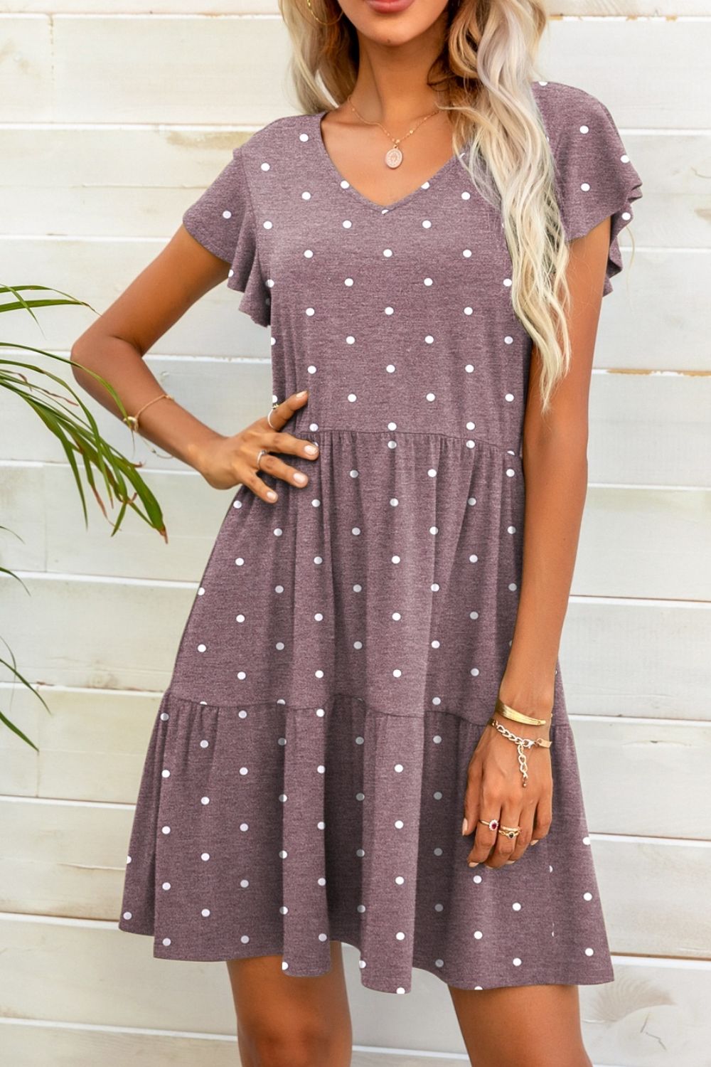 Polka Dot V - Neck Flutter Sleeve Mini Dress - Dress - Mauve - Bella Bourget