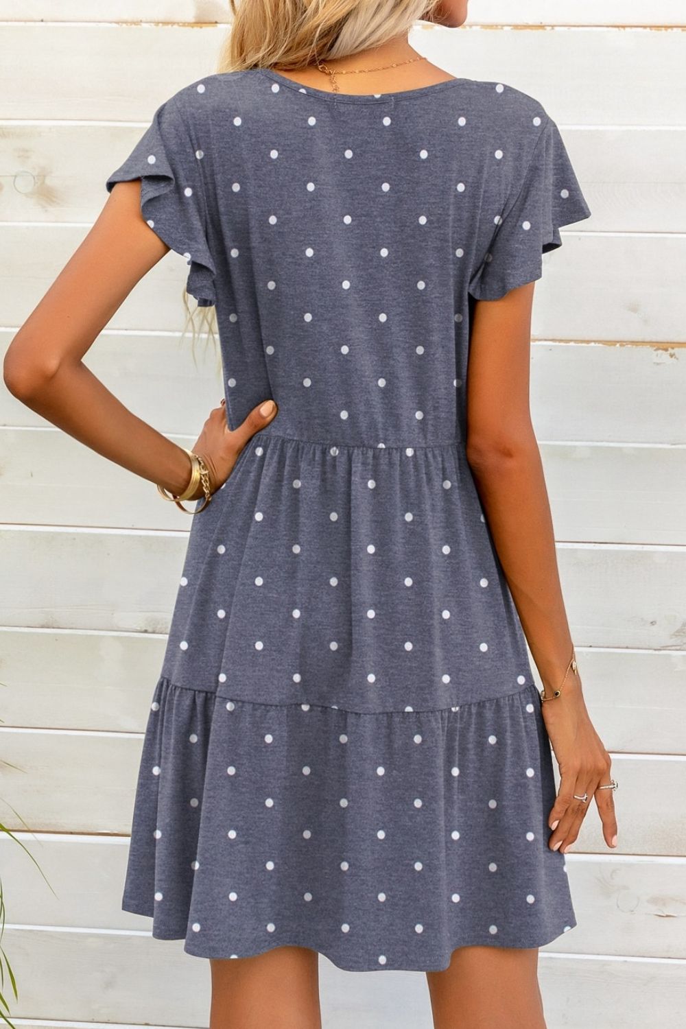 Polka Dot V - Neck Flutter Sleeve Mini Dress - Dress - French Blue - Bella Bourget