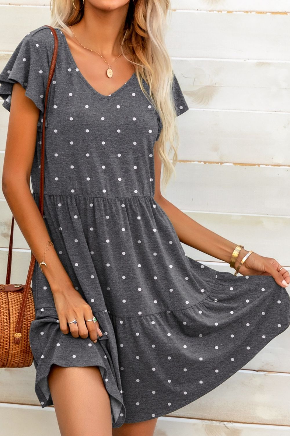 Polka Dot V - Neck Flutter Sleeve Mini Dress - Dress - Dark Gray - Bella Bourget