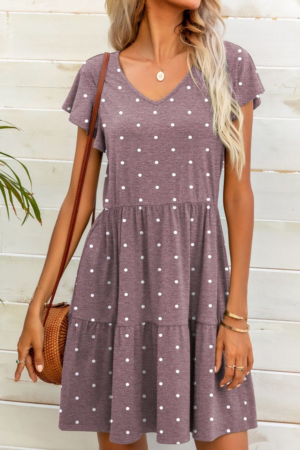 Polka Dot V - Neck Flutter Sleeve Mini Dress - Dress - Mauve - Bella Bourget