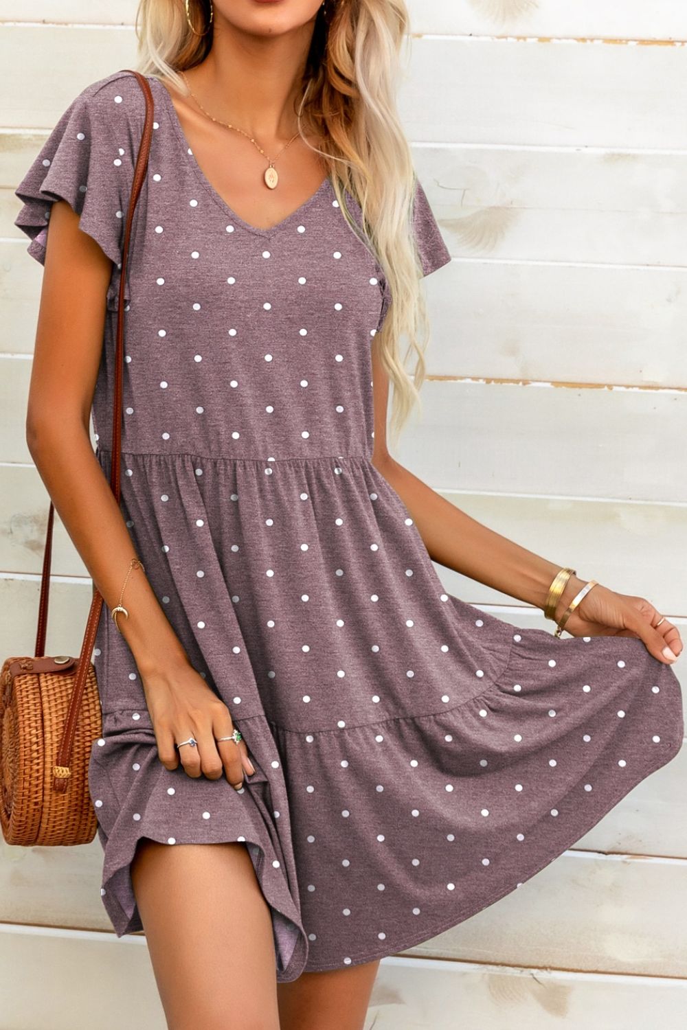 Polka Dot V - Neck Flutter Sleeve Mini Dress - Dress - Mauve - Bella Bourget