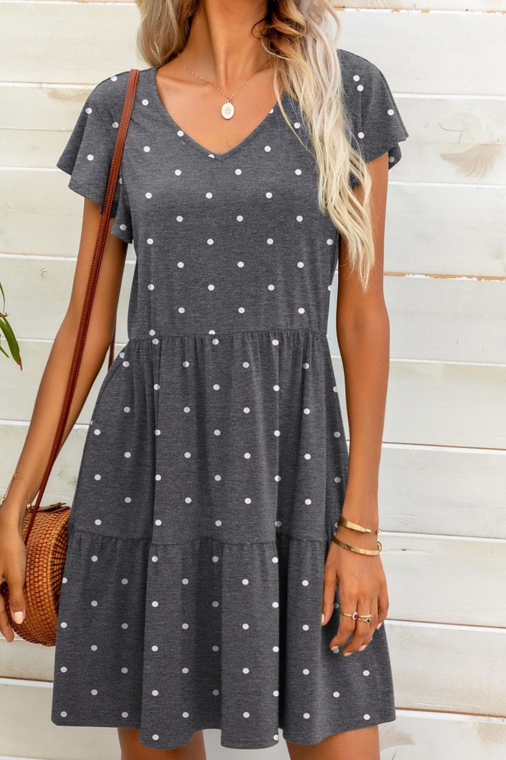 Polka Dot V - Neck Flutter Sleeve Mini Dress - Dress - Dark Gray - Bella Bourget